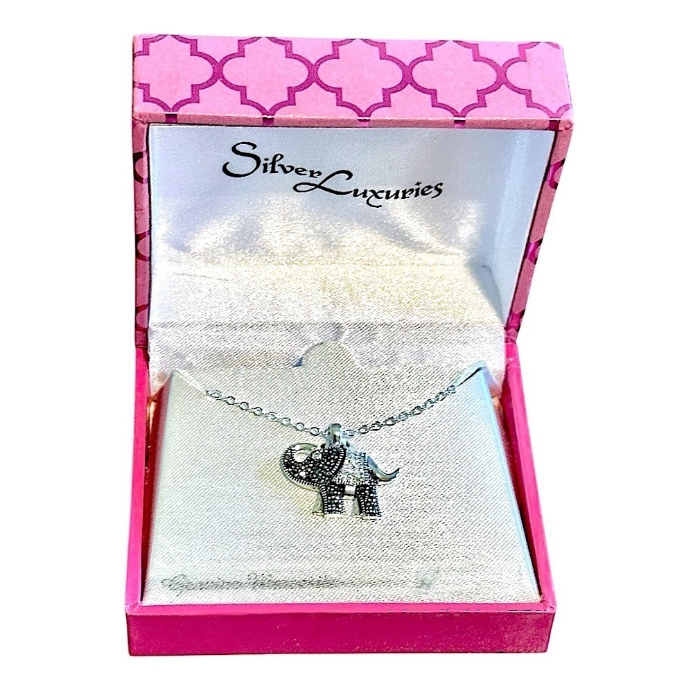 Silver Lucky Elephant (with Trunk Up) Pendant Necklace with Marcasite - Picture 2 of 5
